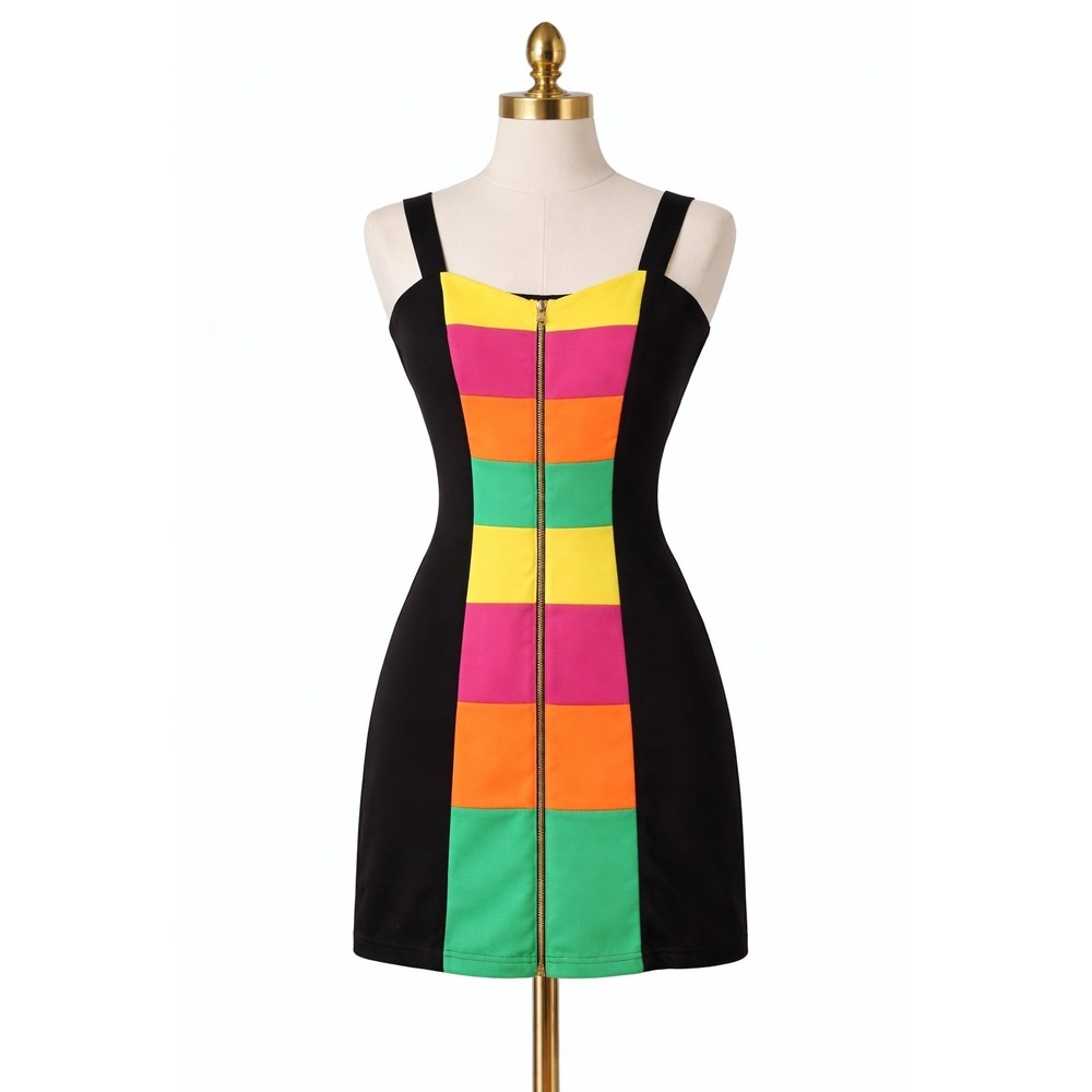 Basic Universal Dress Womens L Black Multicolor Colorblock Bodycon Mini Zip...